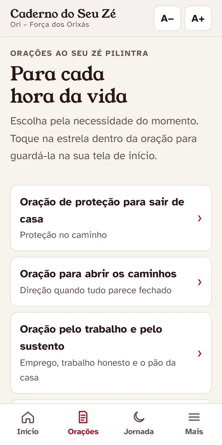 Tela com a lista das 16 orações do Caderno