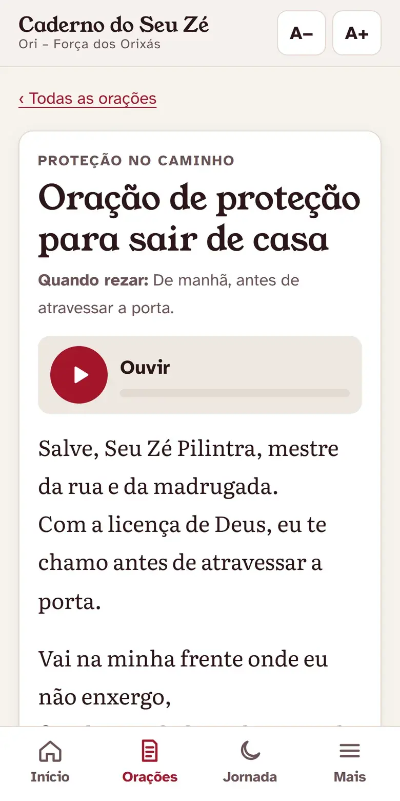 Tela do Caderno do Seu Zé no celular: a oração de proteção, com o botão Ouvir e letra grande